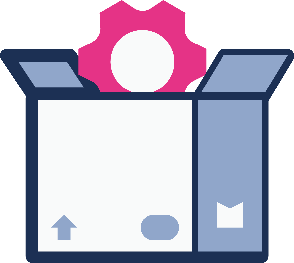 Icon of an open box with a gear emerging from it, symbolizing a single solution or an all-in-one service.